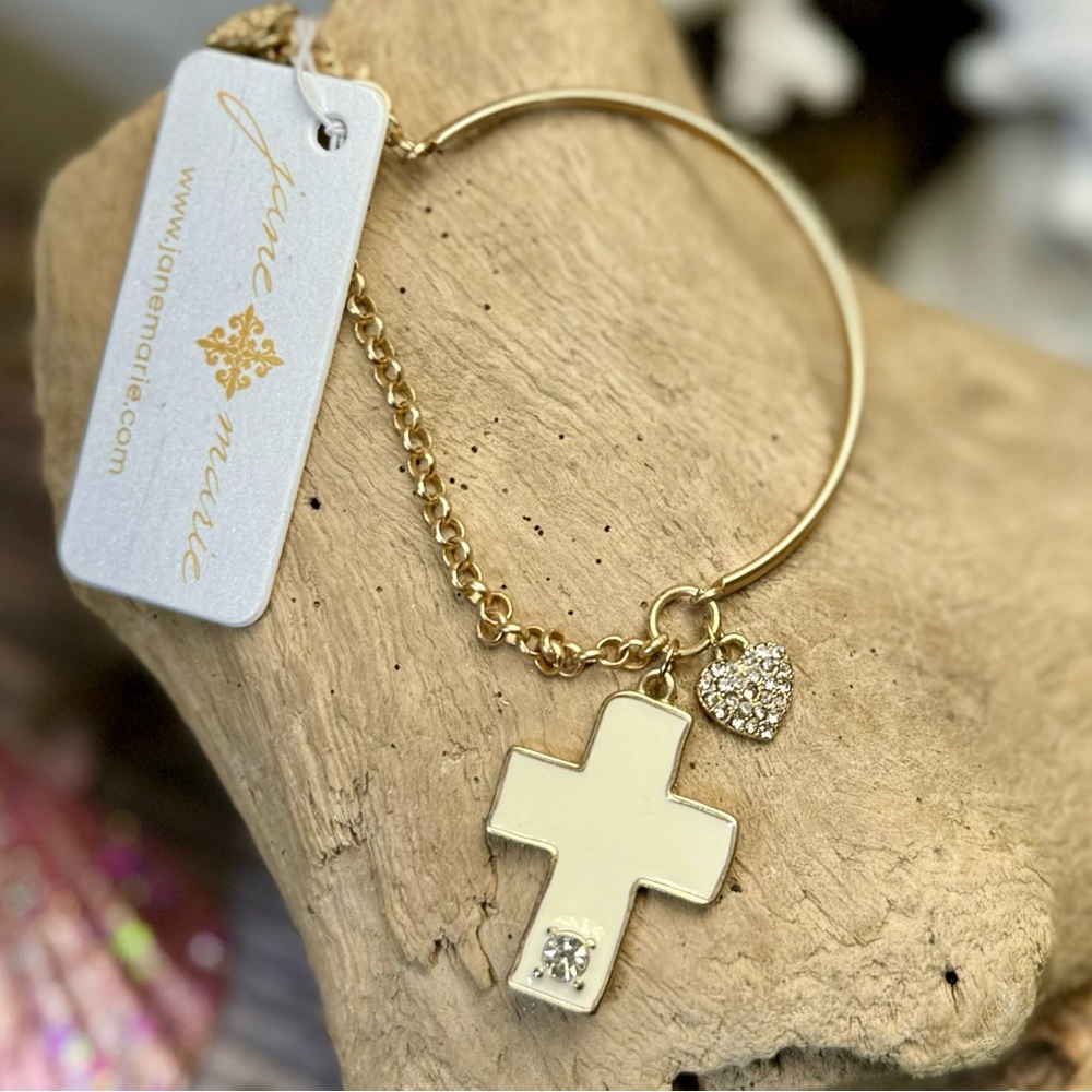 NWT Jane Marie Chain & Bar Bracelet w Cross & Heart Rhinestone Charms